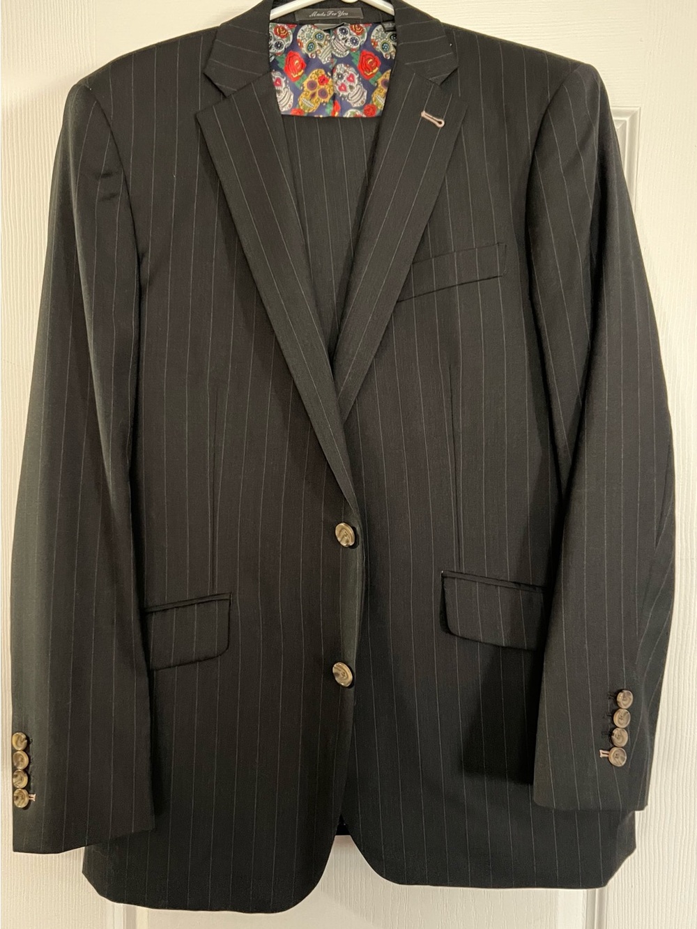 Men's Black Pinstripe Two-Button Suit Jacket with Matching Pants